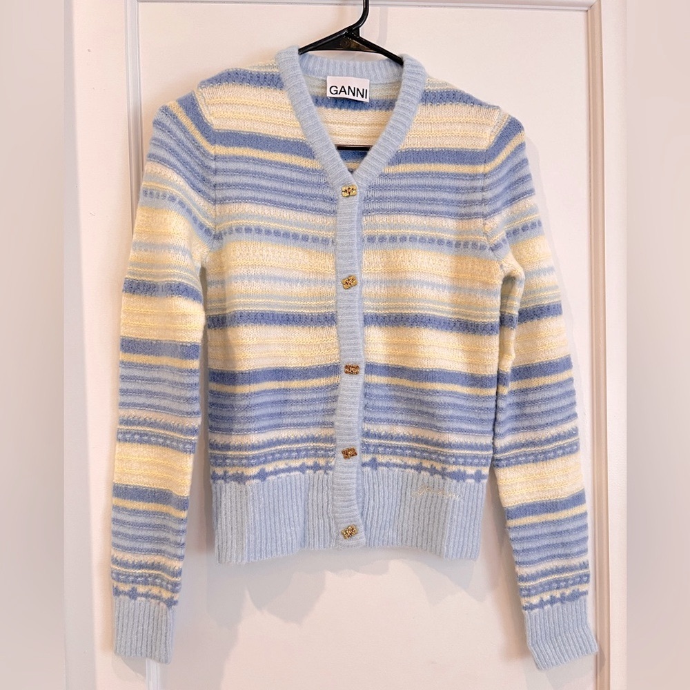GANNI Jewel-button striped-wool buttoned cardigan, size S. US2, new neve…